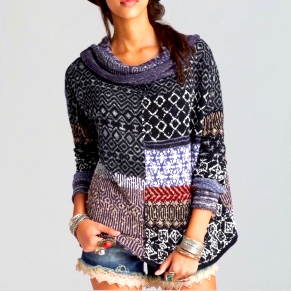 Free people cowl neck patchwork sweater NWOT sz M